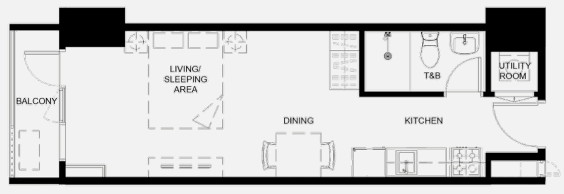 Typical studio layout · 33 sqm reference