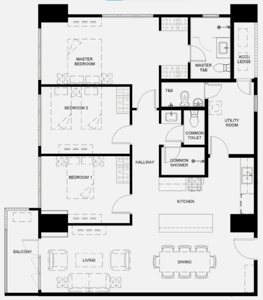 Typical three-bedroom layout · 126 sqm reference