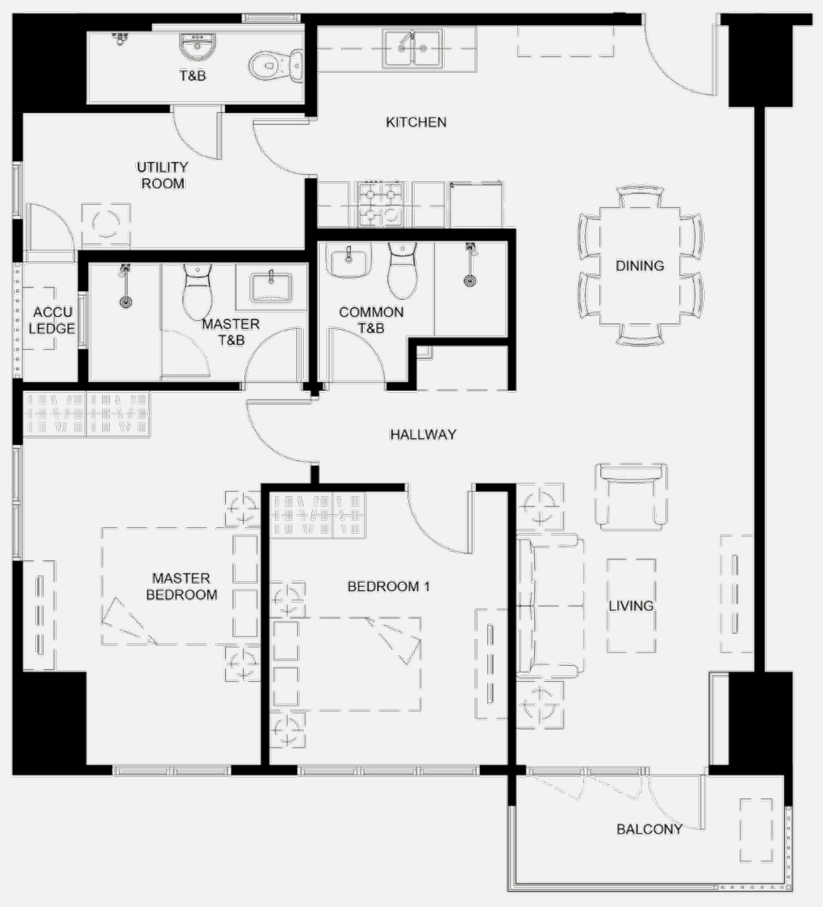 Typical two-bedroom layout · 95 sqm reference