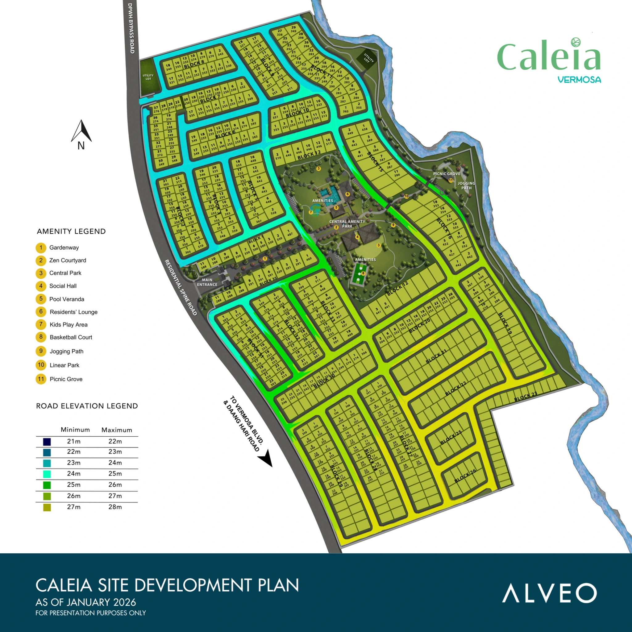 Caleia site development plan showing residential lots, roads and amenities as of January 2026