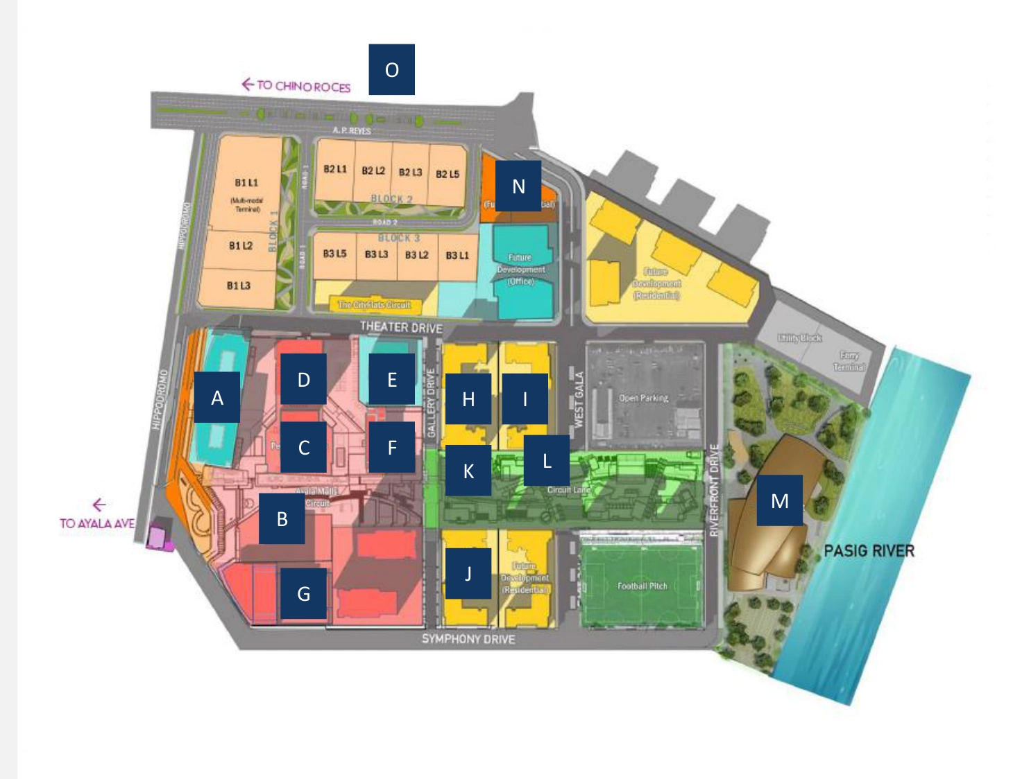 Developer’s Circuit Makati estate map. Astela is marked J, Ayala Malls Circuit B, Samsung Performing Arts Theater C, S&R G, Power Mac Center Spotlight L and forthcoming Kontempo M.