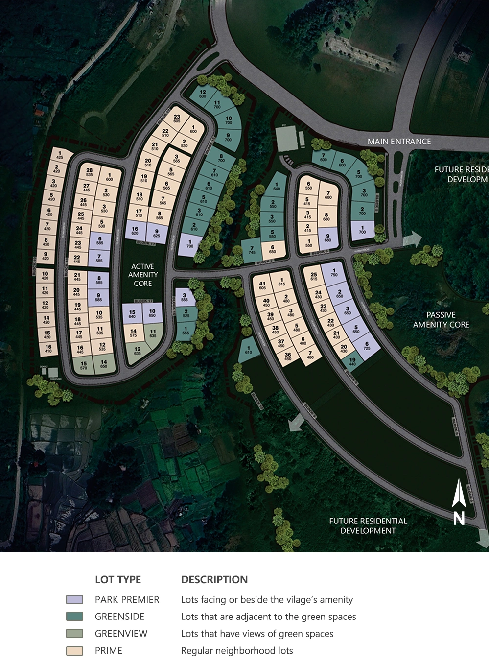 Crescent Grove site development plan showing the entrance, amenity cores and Park Premier, Greenside, Greenview and Prime lot categories