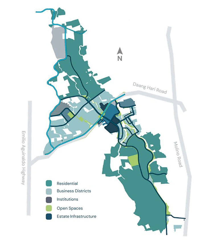 Vermosa estate map showing residential areas, business districts, institutions, open spaces and estate infrastructure